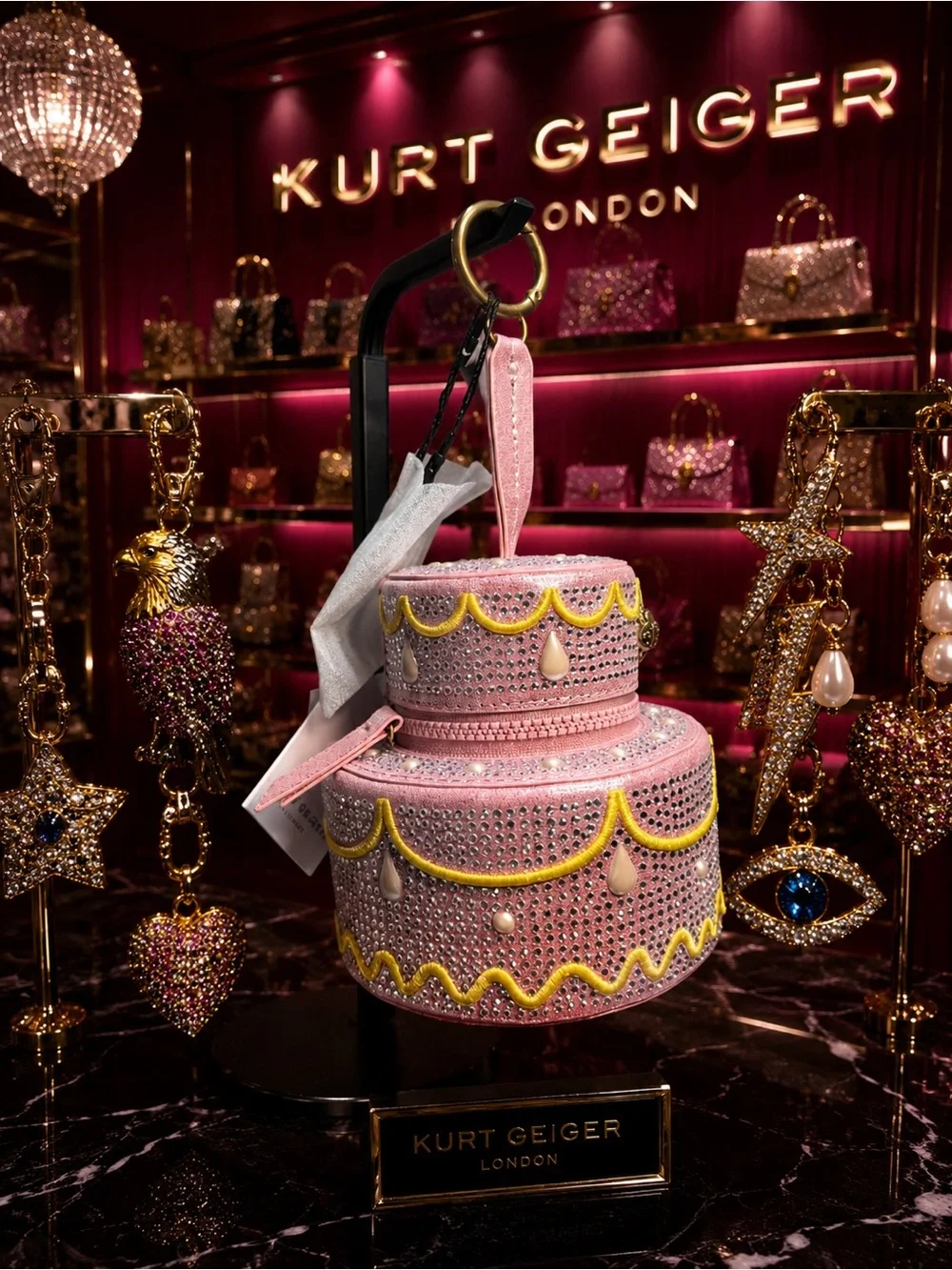 Kurt Geiger Pink Crystal Embellished Cake bag charm